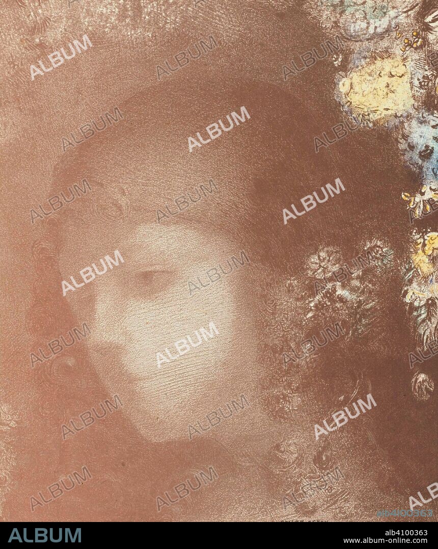 ODILON REDON. Child's Head with Flowers (Tête d'enfant avec fleurs). Dimensions: 33.8 cm x 27.4 cm, 25.3 cm x 21.3 cm.