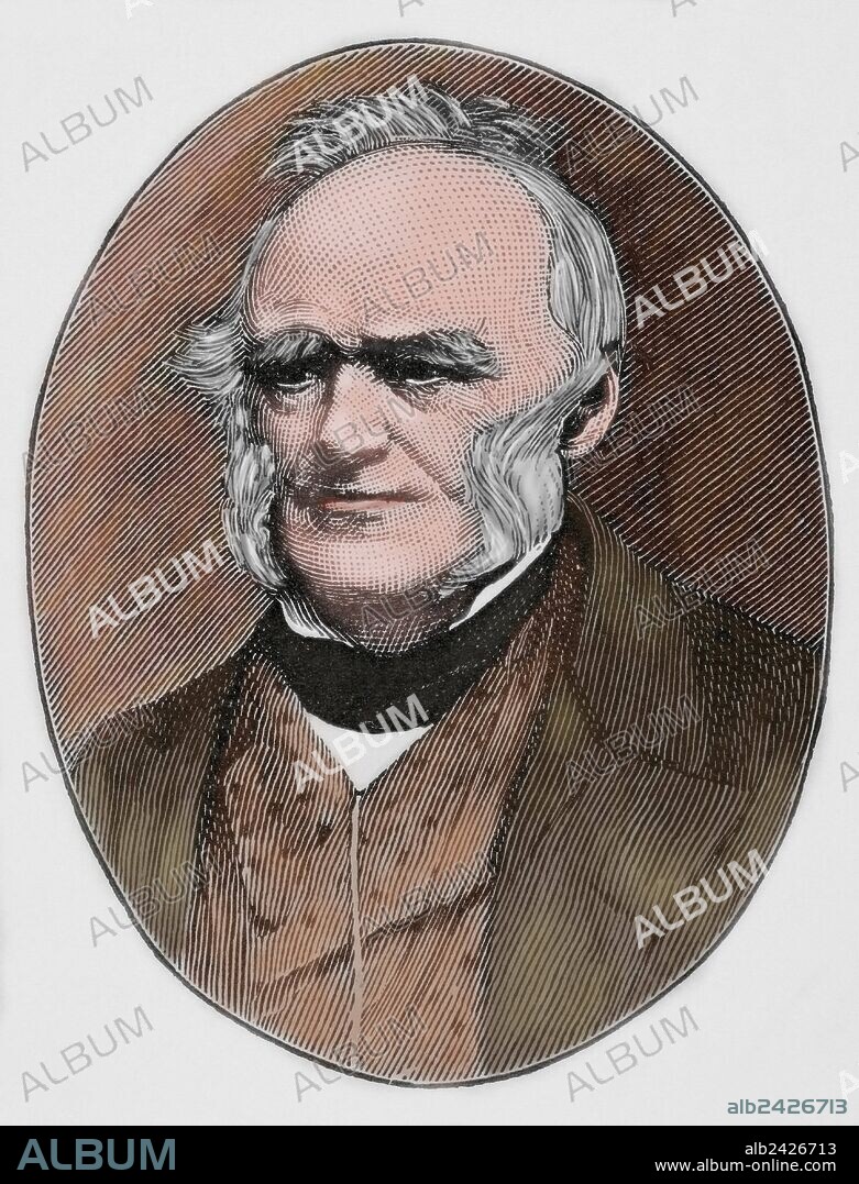 CHARLES LYELL (1797-1875). Abogado y geólogo británico, uno de los fundadores de la Geología moderna. Destacó ene l uniformismo y gradualismo geológico. Grabado coloreado de "Historia Universal", siglo XIX.