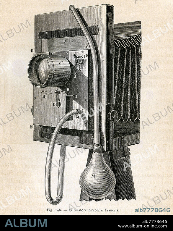 HISTORY OF THE PHOTOGRAPHY circular shutter "Français", or "Silens", with air and pump. Illustration from a photography manual written by Count Luigi Gioppi of Türkheim (1858 - 1930), doctor of law, knight of the Crown of Italy, co-founder and director of the magazine "Il Dilettante di Fotografia - Illustrated popular newspaper", authoritative compiler of manuals technical informative of photography and essays from other disciplines, as well as holder of public administrative positions. The work is dedicated to the Prince of Naples, future King Vittorio Emanuele III, illustrious "Dilettante di Fotografia". Ulrico Hoepli Edition, Publisher-Bookshop of Real Casa, Milan 1891.