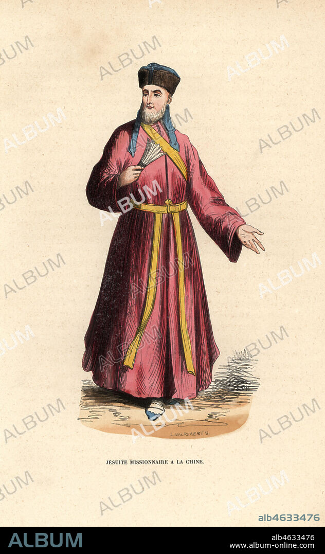 Missionary of the Society of Jesus in China. Jesuite Missionnaire a la Chine. Handcoloured woodblock engraving by L. Maerraert after an illustration by Jacques Charles Bar from Abbot Tirons Histoire et Costumes des Ordres Religieux, Librairie Historique-Artistique, Brussels, 1845.