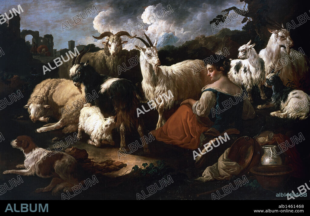 GEORGE ROMNEY. ARTE SIGLO XVIII. INGLATERRA. ROMNEY, George (Lancashire, 1734-Kendal, 1802). Pintor perteneciente a la escuela inglesa. "PASTORA CON CABRAS Y OVEJAS". Pastora sentada, rodeada por el rebaño. Lienzo 1,96 x 2,90. Museo del Prado. Madrid. España.