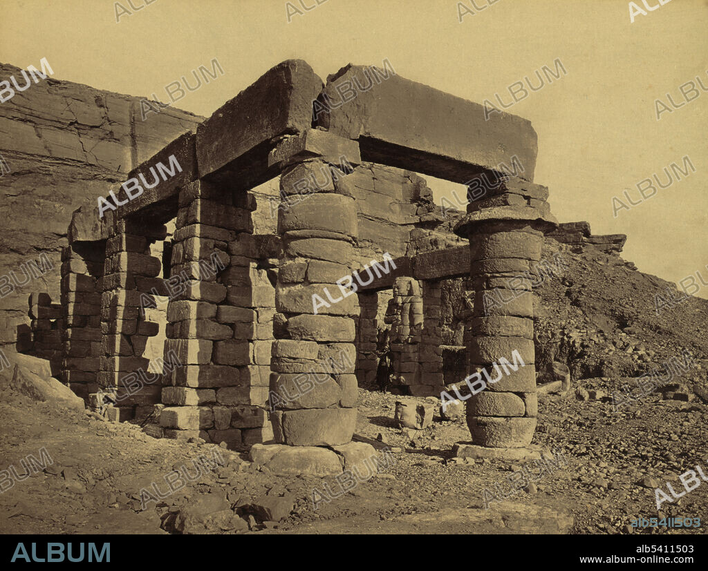 The temple of Gerf Hussein (Per Ptah, or House of Ptah) was dedicated to pharoah Ramesses II and built by the Setau, Viceroy of Nubia. Situated on a bank of the Nile south of Aswan, it was partly free-standing and partly cut from the rock. The rear portion of the building was carved out of rock and follows the structure of Abu Simbel with a pillared hall featuring two rows of three statue pillars and four statue recesses, each with divine triads along the sides. Beyond the hall lay the hall of the offering table and the barque chamber with four cult statues of Ptah, Ramesses, Ptah-Tatenen and Hathor carved out of the rock. During the building of the Aswan dam project in the 1960s, sections of the free-standing portion of this temple were dismantled and they have now been reconstructed at the site of New Kalabsha. Most of the rock cut temple was left in place and is now submerged beneath the waters of the Nile. Photograph by Frank Mason Good, 1856-1860.