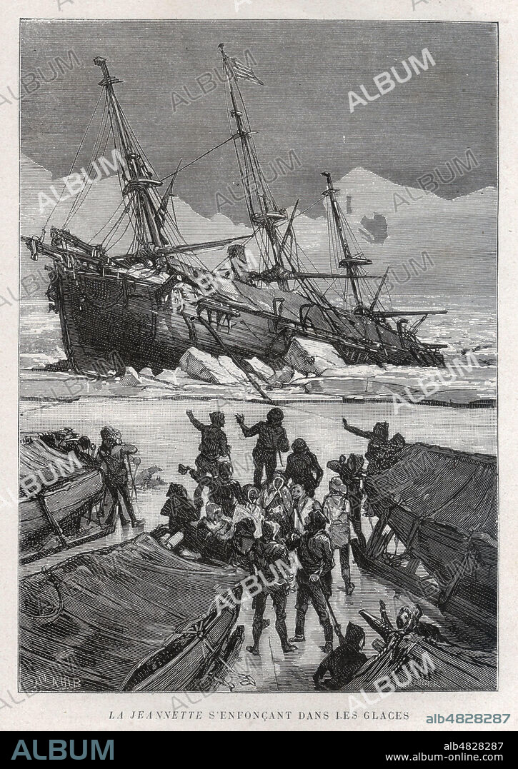La Jeannette du capitaine Washington de LONG (1844-1881) s'enfoncant dans les glaces. Illustration de SAHIB (1847-1919) vers 1880 pour Nouvelle Histoire des Voyages par Richard CORTAMBERT (1836-1884). Credit : Collection Jonas/Kharbine-Tapabor.