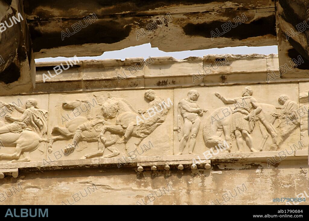 Greece. Athens. Acropolis. Parthenon. Classical temple dedicated to Athena. 447 BC-432 BC. Doric order. Architects: Iktinos and Callicrates. Frieze. High-reliefs under direction of Phidias. Cavalcade. Replica.