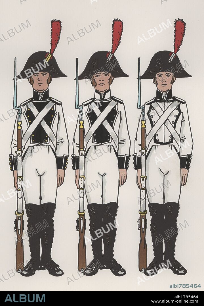 España. Uniformes militares. Siglo XIX. Regimientos infantería de línea de Savoya, de Zamora, de Sevilla, de la Corona y de África. Divisa negra. Año 1808. Dibujo de Joaquín Pla Dalmau (Girona, 1917-2005).