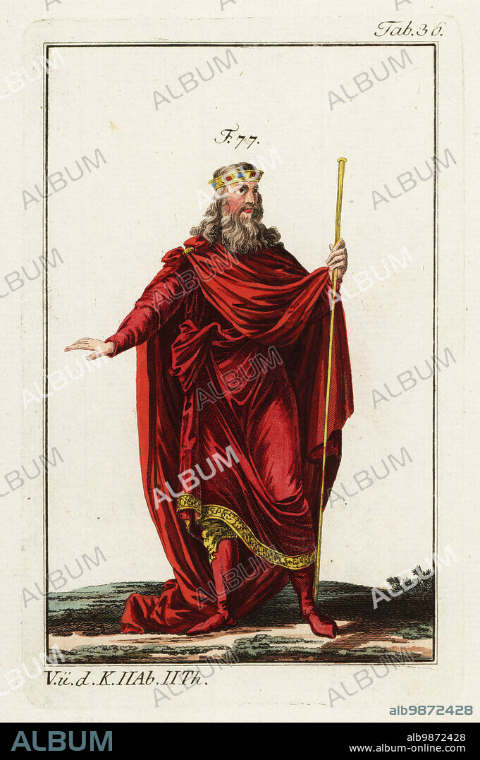 Clovis (c. 466~511), first King of all the Franks, founder of the Merovingian dynasty. Clovis wears a long tunic decorated with a border embroidered in gold, a great mantle, boots and a diadem. His sceptre is of the greatest simplicity 77. Handcolored copperplate engraving from Robert von Spalart's Historical Picture of the Costumes of the Principal People of Antiquity and Middle Ages, Vienna, 1796.