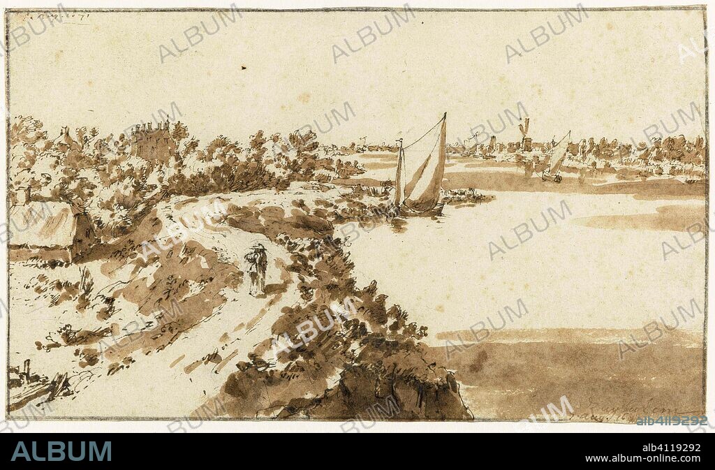 Gezicht op de Waal met het kasteel Zuilichem. Zuylichem (title on object). Draughtsman: Constantijn Huygens (II). Dating: 17-Aug-1671. Measurements: h 94 mm × w 160 mm.