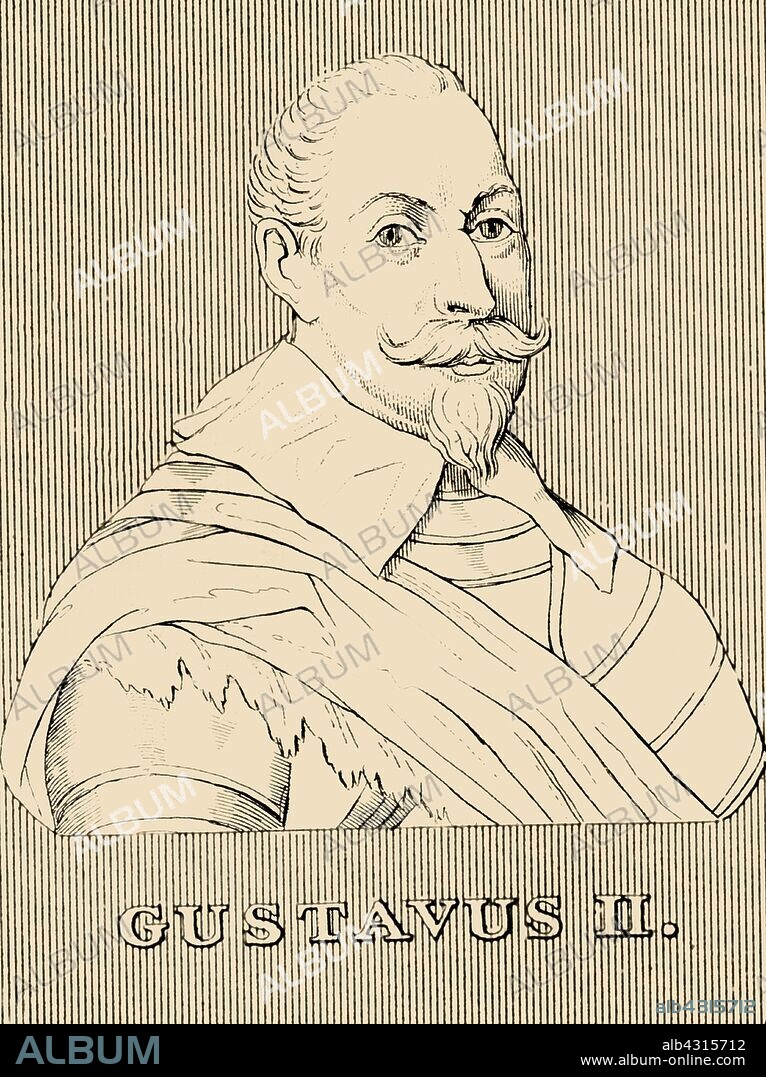 'Gustavus II',  (1594-1632), 1830. Gustavus Adolphus (1594-1632) also Gustav II Adolf or Adolph, King of Sweden from 1611 to 1632, he led Sweden to military supremacy during the Thirty Years' War and is regarded as a great military commander.  From "Biographical Illustrations", by Alfred Howard. [Thomas Tegg, R. Griffin and Co., J. Cumming, London, Glasgow and Dublin, 1830].