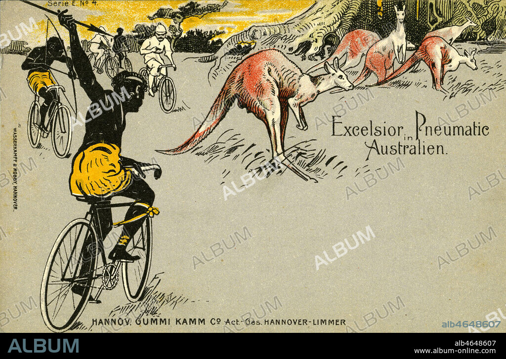 Carte postale publicitaire allemande vers 1900 pour les pneus Continental. Illustration anonyme. Credit : Collection IM/KHARBINE-TAPABOR.
