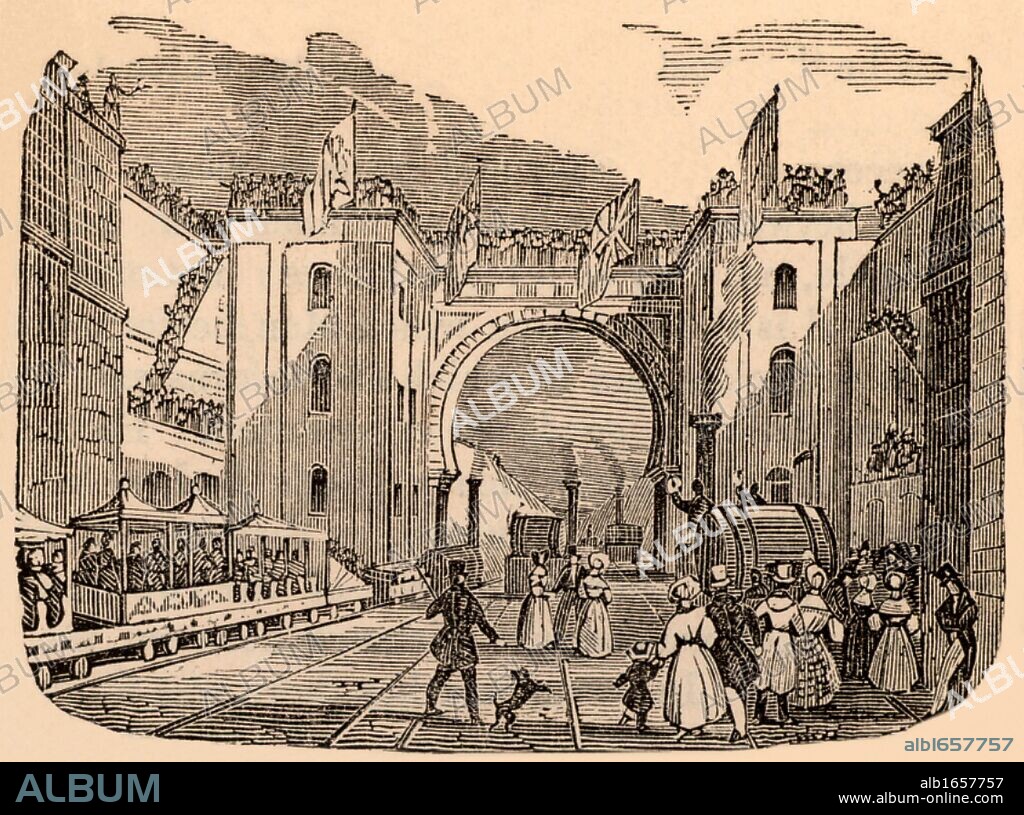 Opening of the Liverpool and Manchester Railway, England  on 15 September 1830.  The engineer for the work was George Stephenson (1781-1848).  Woodcut from "Roads and Railroads, Vehicles, and Modes of Travelling" (London, c1840). (Photo by: Universal History Archive/UIG via Getty Images).