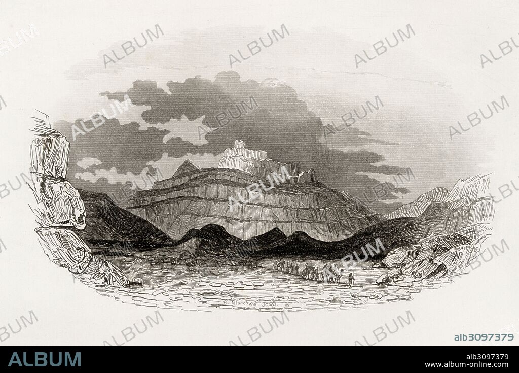 Historia sagrada. Vista del monte Hor, en Edom, donde sehalla la tumba de Aarón, hermano de Moisés. Grabado de 1862.