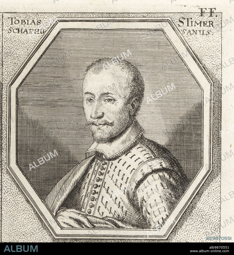 Tobias Stimmer, Swiss painter, draftsman, woodcut engraver, poet and illustrator, active in Schaffhausen, 1539-1584. His most famous work are the paintings on the Strasbourg astronomical clock. Tobias Stimer Schafhusanus. Copperplate engraving after an illustration by Joachim von Sandrart from his LAcademia Todesca, della Architectura, Scultura & Pittura, oder Teutsche Academie, der Edlen Bau- Bild- und Mahlerey-Kunste, German Academy of Architecture, Sculpture and Painting, Jacob von Sandrart, Nuremberg, 1675.