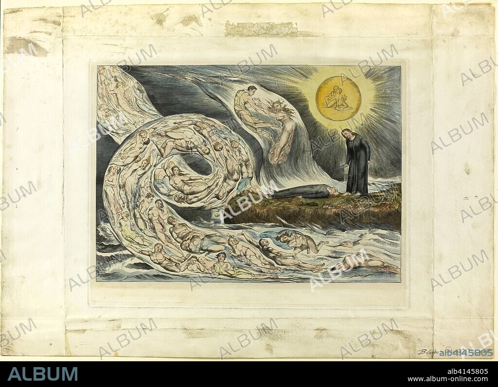 The Circle of the Lustful: Paolo and Francesca. Inferno, canto V. William Blake; English, 1757-1827. Date: 1827. Dimensions: 241 337 mm (image); 276 × 355 mm (plate); 392 × 564 mm (sheet). Hand-colored engraving on India paper, laid down on wove paper (chine collé). Origin: England.