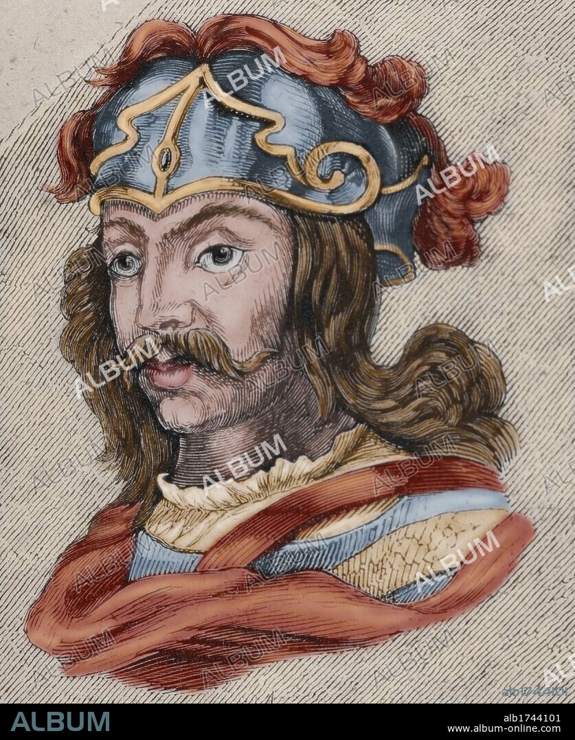 CHINTILA. Rey visigodo (636 a 640). Elegido por los prelados y nobles según las leyes hechas en el reinado anterior. Grabado coloreado.