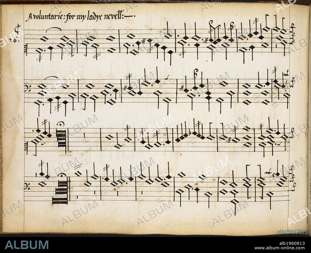 WILLIAM BYRD. f.105v. Sheet of music. My Ladye Nevells Booke : keyboard music. 1591. One of the most beautifully written music manuscripts to survive from the late 16th century. Source: Ms.Mus.1591 f.105v. Language: English.