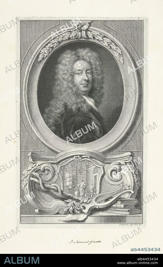Portrait of Samuel Garth, Portrait of the English doctor and poet Samuel Garth. Below the portrait an image in which Garth is at work, surrounded by the snake-wrapped staff of Asclepius as a symbol for medicine and a winch as a symbol for poetry, Aesculapian sign, lyre, cithara, psaltery, symbolic representations, allegories and emblems, lyric poetry, 'Puma lirico' (Ripa), Samuel Garth, Jacob Houbraken (mentioned on object), Amsterdam, 1748, paper, pen, h 356 mm × w 223 mm.