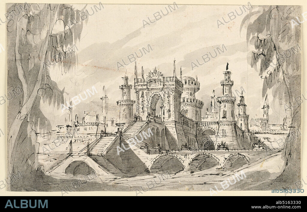 Stage Design, Citadel on a River, Pen and black ink, brush and gray-brown wash, black chalk on laid paper, Horizontal rectangle. Gothic palace with many towers on enormous substructure with bridges leading up to palace. Verso: text fragment with account of costs for staging an opera., Italy, late 18th century, theater, Drawing, Drawing.