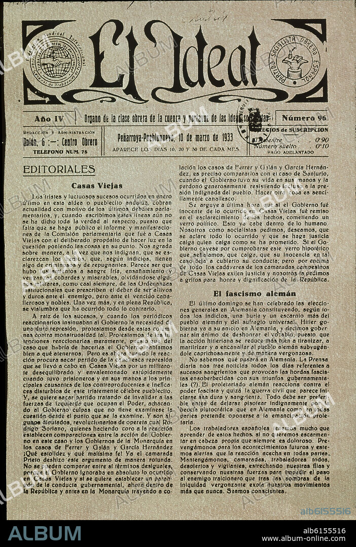 PERIODICO SOCIALISTA"EL IDEAL"MARZO 1933-ARTICULOS:  SUCESOS DE CASAS VIEJAS Y FASCISMO ALEMAN.