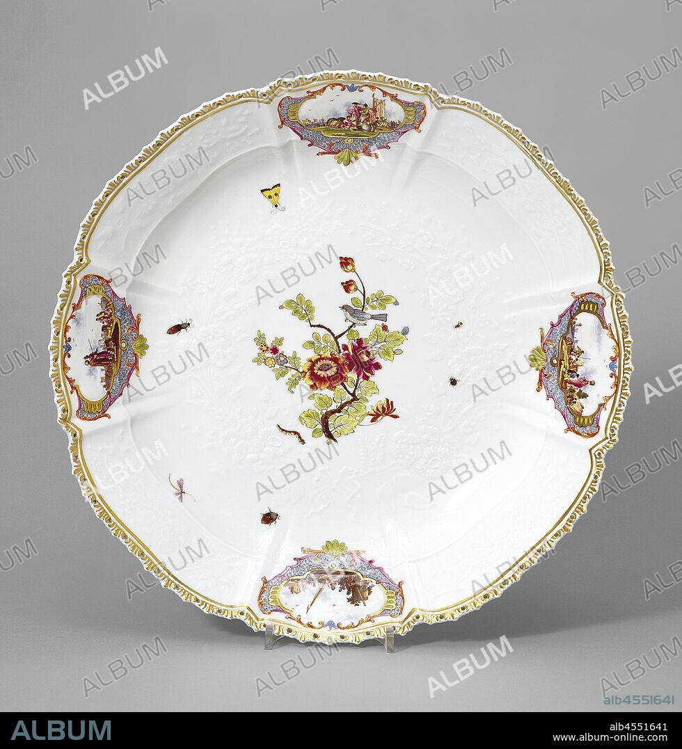 plate, Johann Friedrich Eberlein, Modeler (German, 1696-1749), Meissen Porcelain Manufactory, Manufacturer (German), about 1741-1745, hard paste porcelain, polychrome enamels, gilding, 15-1/4 (diam.) in., Decorative Arts.