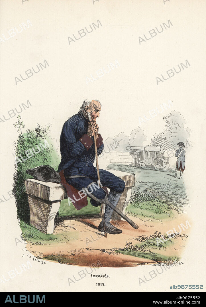 Uniform of a French veteran soldier, 1812. In bicorne, blue tailcoat and breeches, hose and buckle shoes, wooden leg. Invalide, 1812. Handcoloured woodcut by Andrew Best Leloir after an illustration by Hippolyte Bellangé from P.M. Laurent de lArdeches Histoire de Napoleon, Paris, 1840.