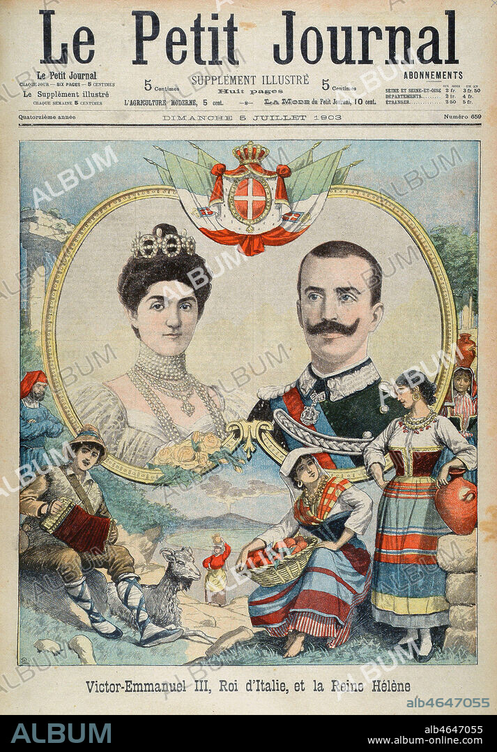 'Victor-Emmanuel III, roi d'Italie, et la Reine Helene'. Victor-Emmanuel III (1869-1947), roi d'Italie et epoux d'Helene (1873-1952), prevoit d'effectuer une visite en France en 1903. Illustration de presse (chromotypographie) dans Le Petit Journal (05/07/1903). Credit : Collection Kharbine-Tapabor.