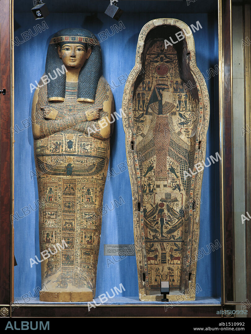 Egyptian civilization, Late Period. Sarcophagus of Sutymes. Interior decoration depicting winged goddess Nut receiving the deceased with open arms.