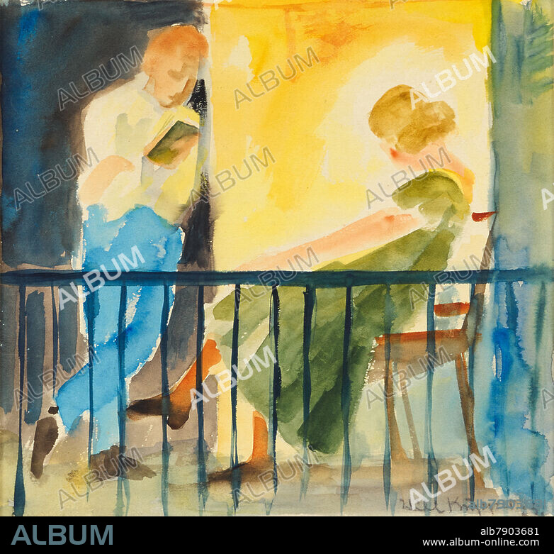 WILL KÜPPER. Küpper, Will<br />1893 Brühl - 1972 Düsseldorf<br /><br />Lesestunde. 1929. Aquarell auf Velin. Auf Karton aufgezogen (34 x 35cm). 22,5 x 24,5cm. Signiert und unleserlich datiert unten rechts: Will Küpper 29. Modellrahmen. <br /><br />Dargestellt sollen Will und Käthe Küpper auf dem Atelierbalkon sein (Aufkleber). <br />. Kunsthandel, Van Ham.
