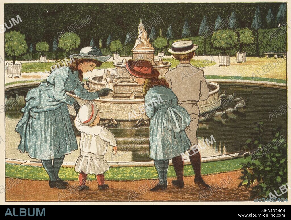 Victorian children at the fountains in the gardens of the Palace of Versailles, France. Colour woodblock after an illustration by Thomas Crane and Ellen Houghton from Abroad, Marcus Ward, London, 1882.