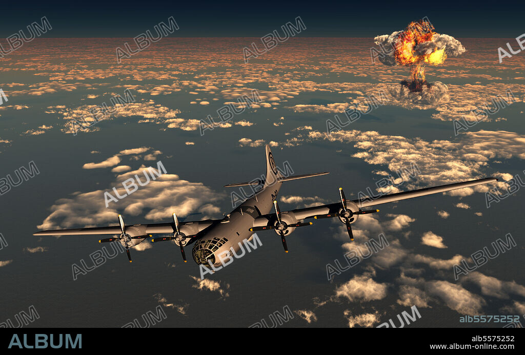The Enola Gay B-29 Superfortress flying away from the giant mushroom cloud created by the explosion of the atomic bomb dropped over the Japanese city of Hiroshima during World War II.