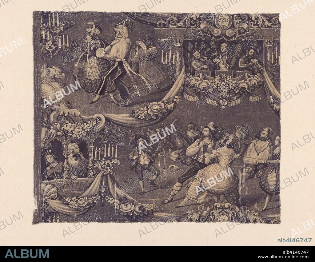 Le Bal (The Costume Ball) (Furnishing Fabric). Designed by George Zipelius (French, 1808-1890) after Sulpice Guillaume Chevallier, called Gavarni (French, 1804-1866); France. Date: 1825-1840. Dimensions: 47.4 × 54.8 cm (18 5/8 × 21 5/8 in.). Cotton, plain weave; engraved roller printed. Origin: France.