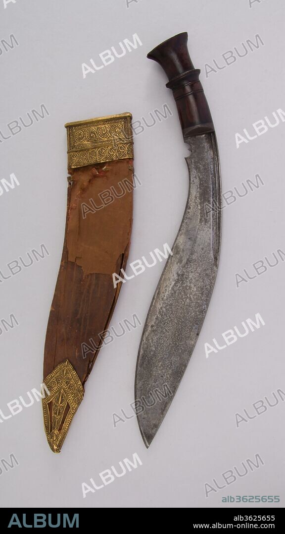 Knife (Kukri) with Sheath. Culture: Indian or Nepalese, Gurkha. Dimensions: H. with sheath 17 7/16 in. (44.3 cm); H. without sheath 16 5/8 in. (42.2 cm); W. 1 15/16 in. (4.9 cm); Wt. 1 lb. 1.2 oz. (487.6 g); Wt. of sheath 5.1 oz. (144.6 g). Date: 19th century.