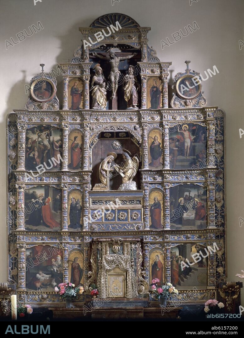 JUAN CORREA DE VIVAR. RETABLO DEDICADO A LA ANUNCIACION - SIGLO XVI - MADERA DORADA Y POLICROMADA - RENACIMIENTO ESPAÑOL.