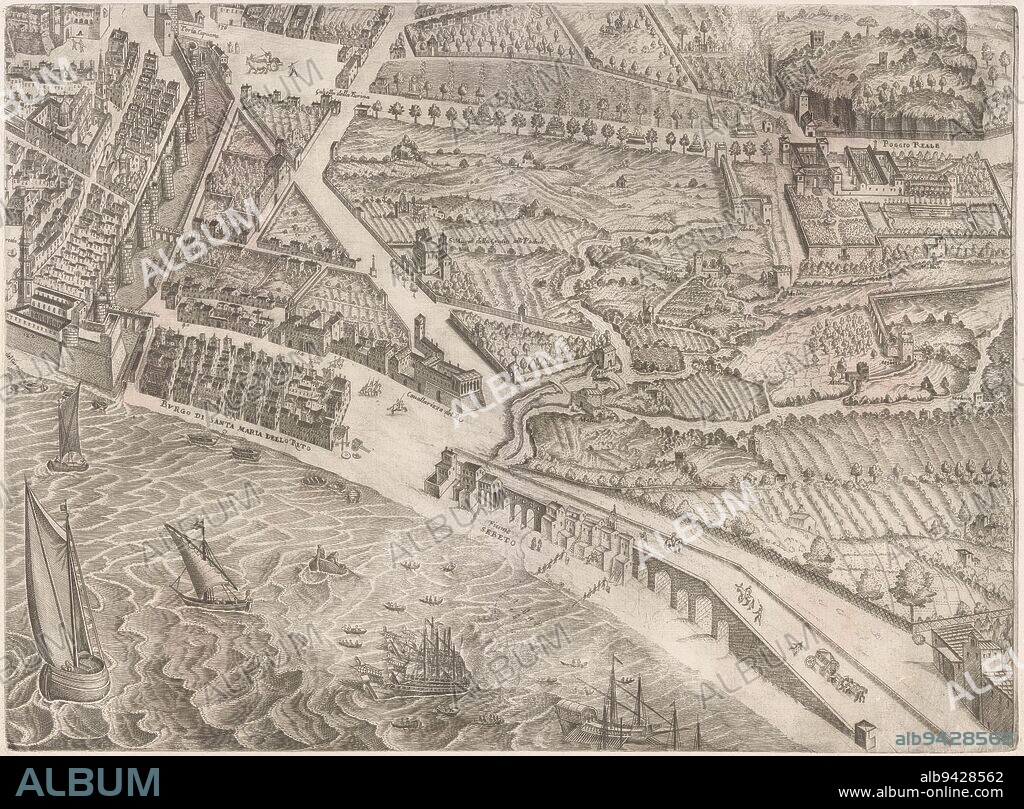 View of Naples with the city wall on the left and the Villa Poggio Reale on the right, Detail of a view of Naples in bird's eye view Fidelissimæ urbis Neapolitanæ cum omnibus viis accurata et nova delineatio ædita in lucem ab Alexandro Baratta MDCXXVIIII (series title)., print maker: Alessandro Baratta, publisher: Giovanni Orlandi, Naples, 1629, paper, engraving, etching, h 375 mm × w 510 mm.