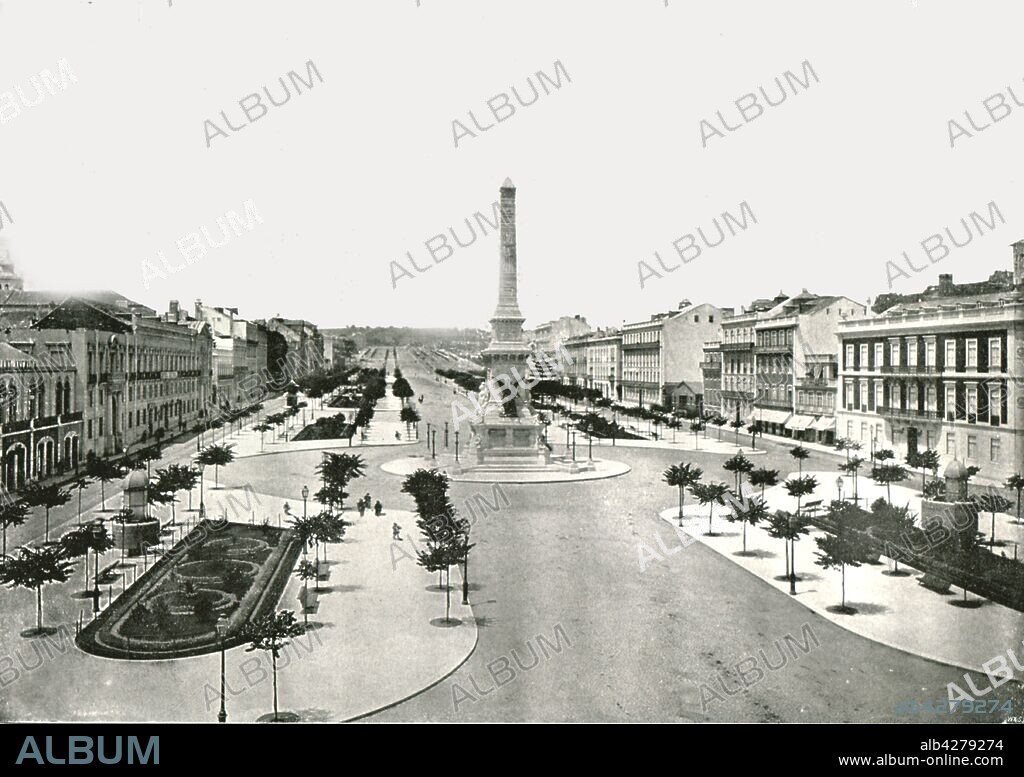 Restauradores Square, Lisbon, Portugal, 1895. The Monument to the Restorers, inaugurated in 1886, commemorates the restoration of Portuguese independence in 1640, after 60 years of Spanish domination. From "Round the World in Pictures and Photographs: From London Bridge to Charing Cross via Yokohama and Chicago". [George Newnes Ltd, London, 1895].