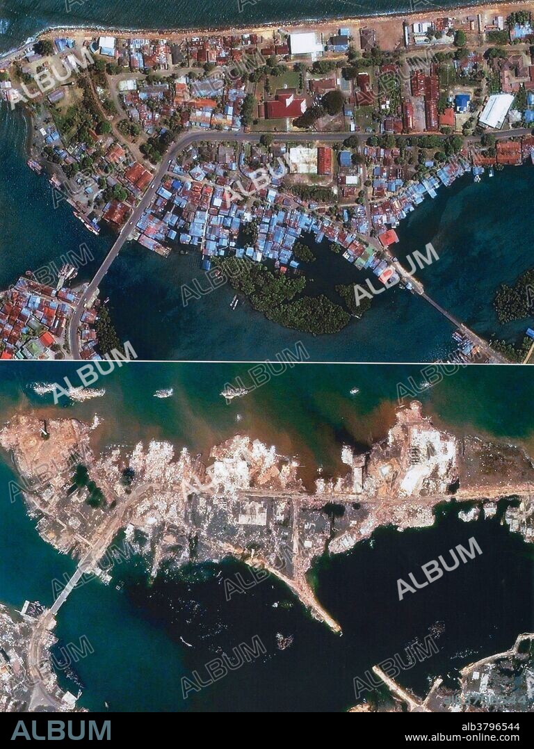 A satellite image of Sumatra, Indonesia, before and after the devasting earthquake and tsunami of December 26th, 2004. The epicentre of the quake was off the west coast of Sumatra. It is the second largest earthquake ever recorded on a seismograph.