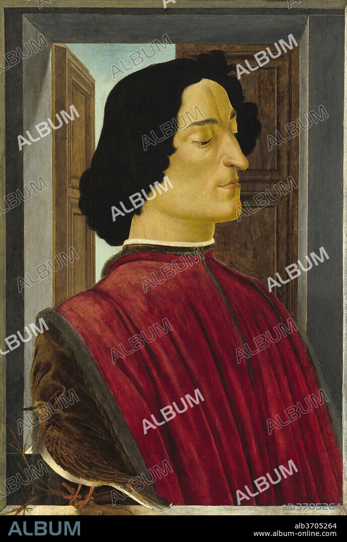 SANDRO BOTTICELLI. Giuliano de' Medici. Dated: c. 1478/1480. Dimensions: overall: 75.5 x 52.5 cm (29 3/4 x 20 11/16 in.)  framed: 105.7 x 81.3 x 11.3 cm (41 5/8 x 32 x 4 7/16 in.). Medium: tempera on panel.