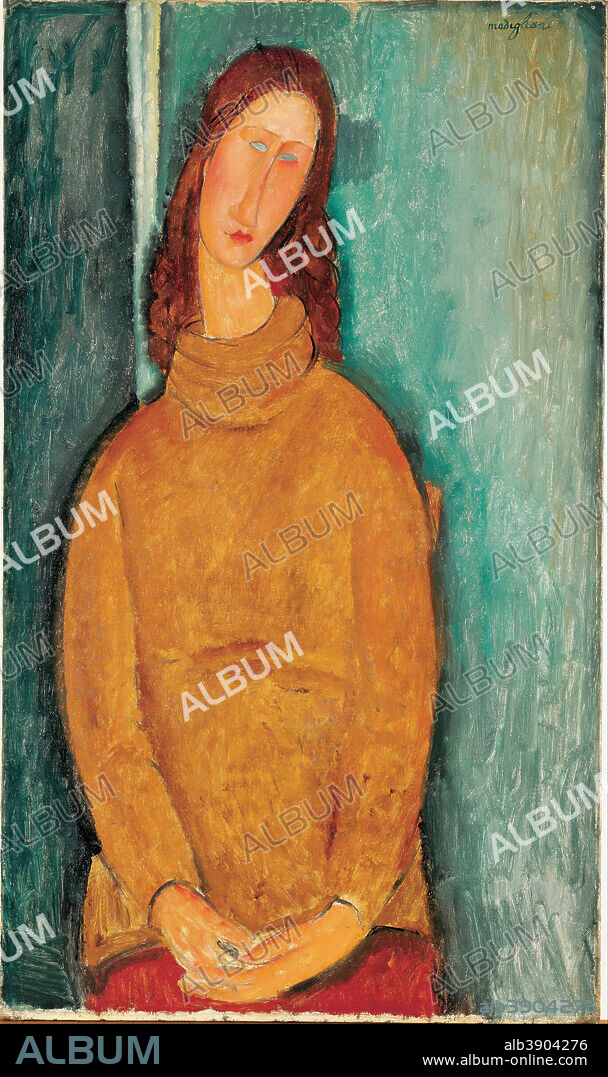 AMEDEO MODIGLIANI. Portrait of Jeanne Hébuterne. Date/Period: 1919. Painting. Oil on canvas. Height: 923 mm (36.33 in); Width: 545 mm (21.45 in).