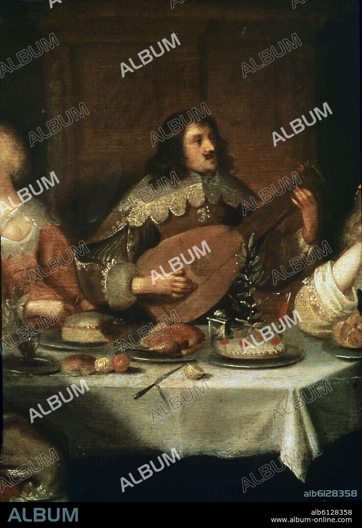 CHRISTOFFEL JACOBSZ. VAN DER LAEMEN. BANQUETE DE CORTESANAS Y SOLDADOS - DETALLE -  HOMBRE TOCANDO LAUD - MESA CON POLLO ASADO - SIGLO XVII - O/T - BARROCO FLAMENCO - CONJUNTO 2486.