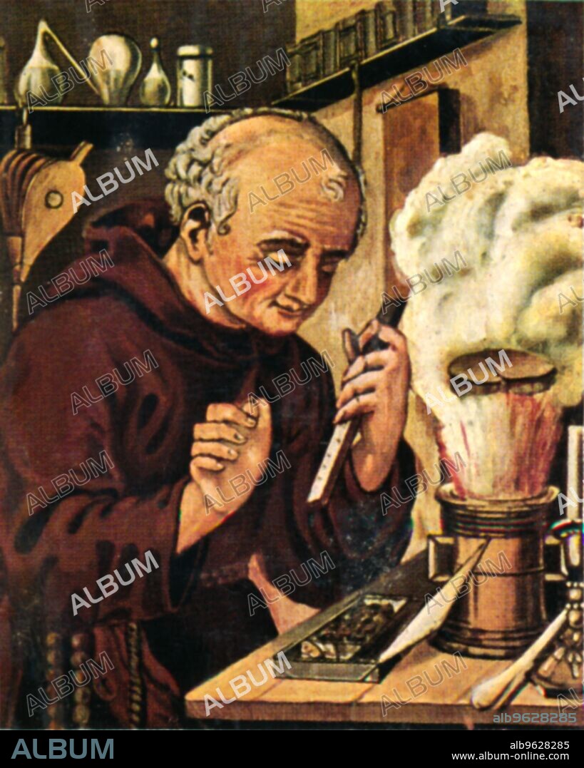 'Berthold Schwarz (im 14. Jahrh)', 1934. Berthold Schwarz, 1380. Semi- legendary German Franciscan monk of Freiburg, whose real name was Konstantin Anklitzen, was nicknamed Schwarz ('black') due to his chemical experiments. Around 1320 he is said to have brought gunpowder (or guns) into practical use.From "Die Großen der Weltgeschichte". [Eckstein-Halpaus, Dresden, 1934].