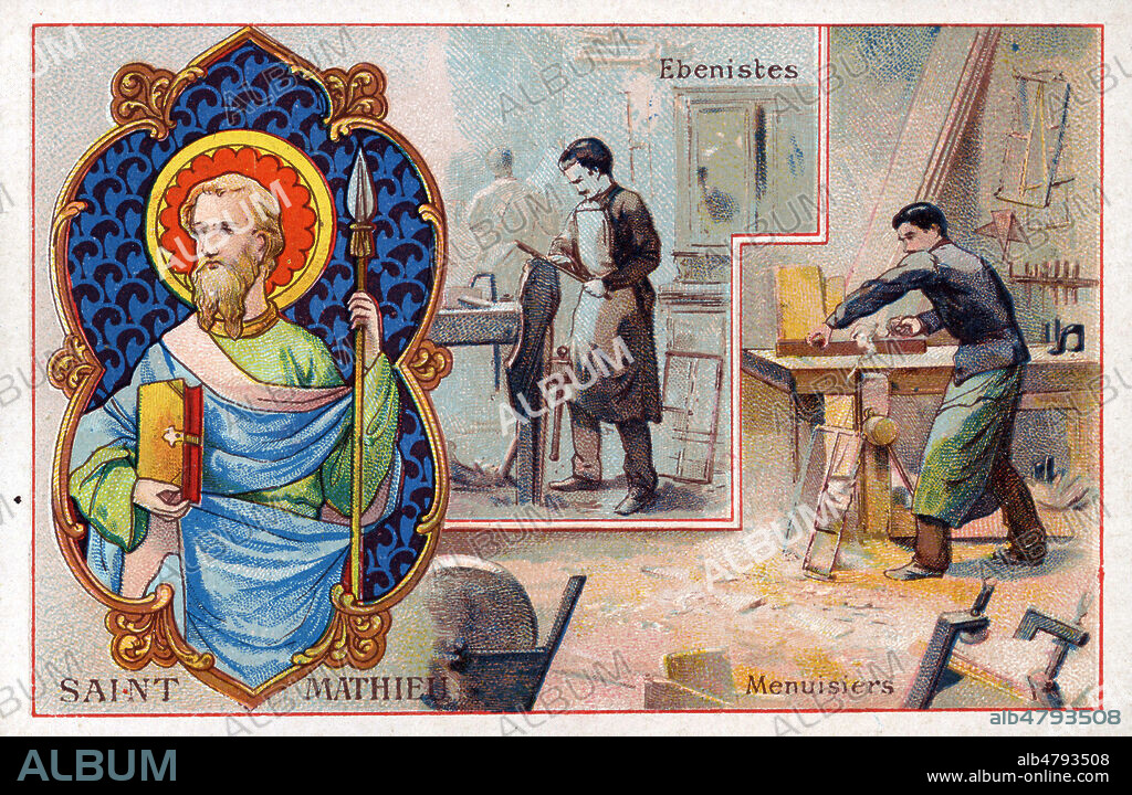 Saint Mathieu, saint patron des ebenistes et menuisiers. Chromo vers 1910, serie sur les Saints. Illustration anonyme. Credit : Collection IM/KHARBINE-TAPABOR.