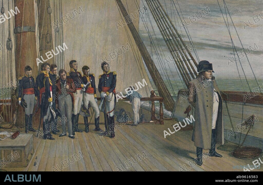 'Napoleon on Board H.M.S. Bellerophon, July, 1815', (1896). In 1815, Napoleon Bonaparte (1769-1821) surrendered to a British naval officer, Captain Maitland of the HMS 'Bellerophon'. Here is shown on board the ship bound for St Helena, where he remained in exile until his death in 1821. Typogravure after the painting made c1880 by WQ Orchardson. From "Life of Napoleon Bonaparte, Volume IV", by William Milligan Sloane. [The Century Co., New York, 1896].