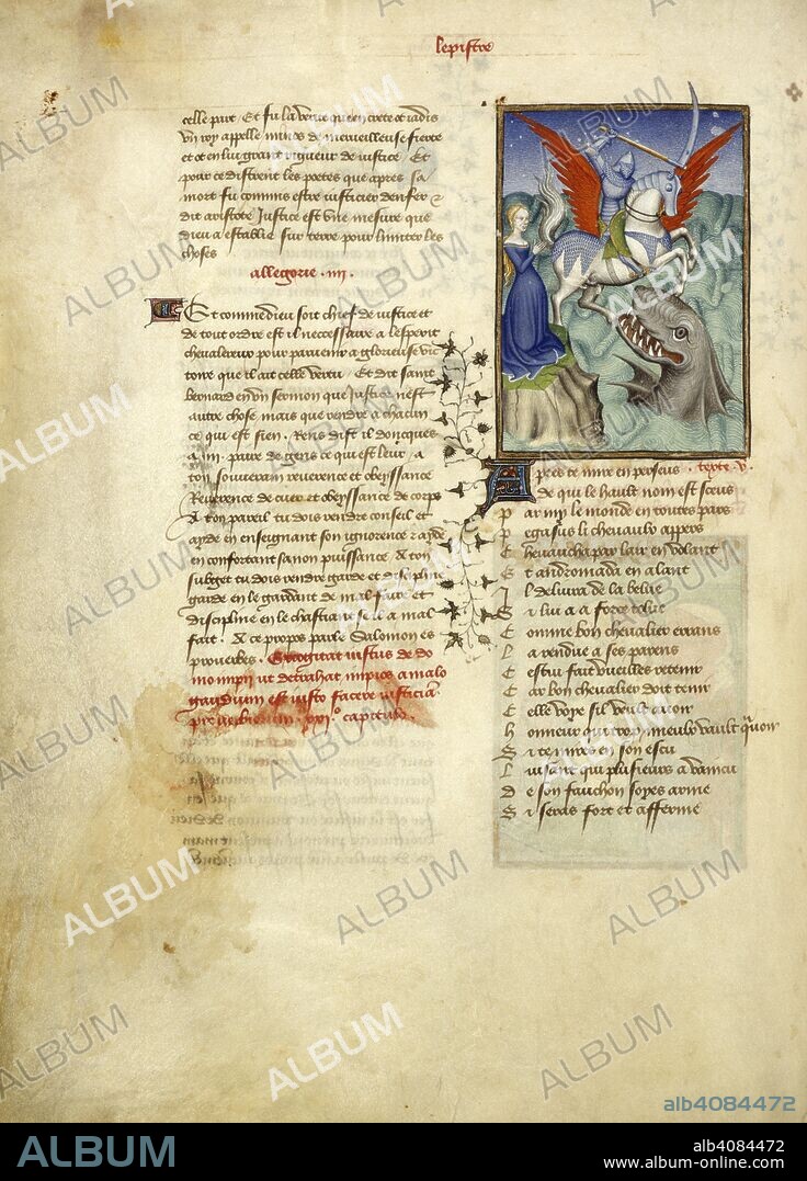 CHRISTINE DE PISAN y MASTER OF THE CITÃ© DES DAMES. Andromeda rescued from the beast by Perseus riding Pegasus. Text with decorated initial 'A'. From L'EpÃ®tre d'OthÃ©a. Collected Works of Christine de Pisan. France (Paris); 1410-1411. (Whole folio) Andromeda rescued from the beast by Perseus riding Pegasus. Text with decorated initial 'A'. From L'EpÃ®tre d'OthÃ©a.  Image taken from Collected Works of Christine de Pisan.  Originally published/produced in France (Paris); 1410-1411. . Source: Harley 4431, f.98v. Language: French.