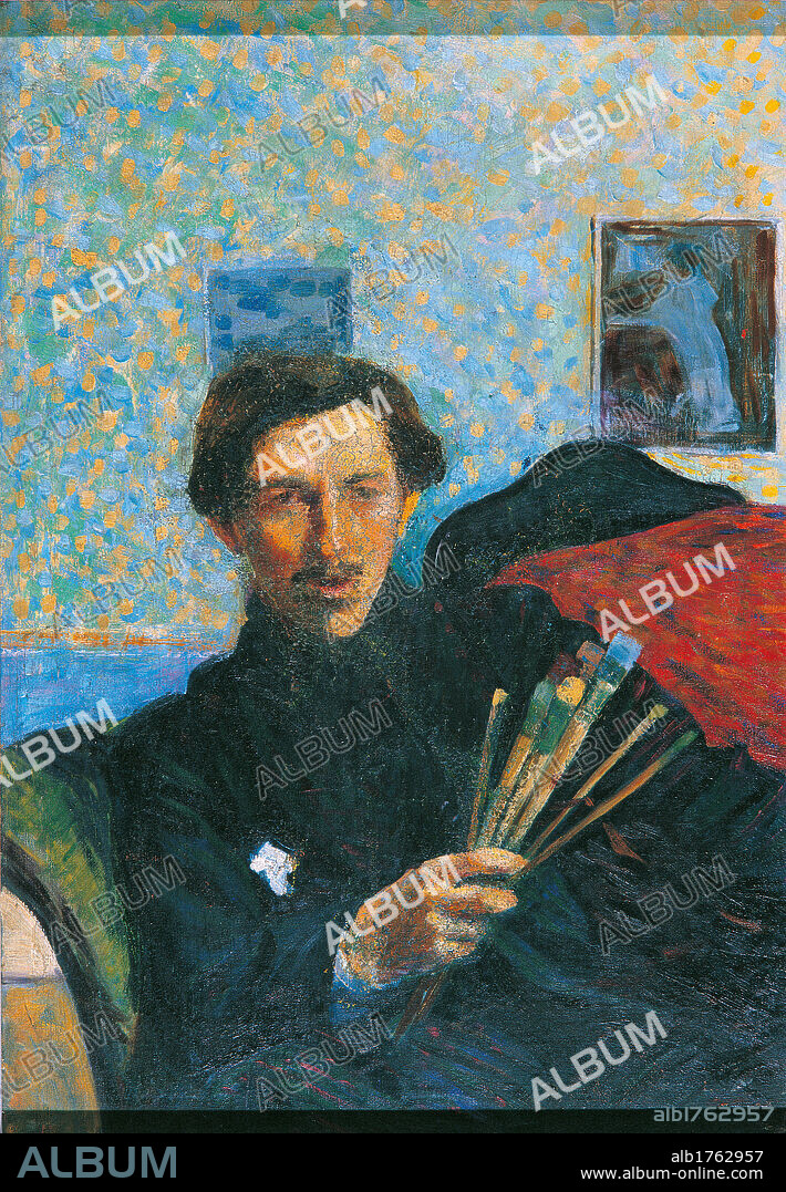Self portrait, by Umberto Boccioni, 1905-1906, 20th Century, oil on canvas, cm 100 x 70. Italy, Lombardy, Milan, Brera Art Gallery. All. Light blue azure red brushes picture painting armchair. Authorization required for non editorial use.  Please remember that author's rights have to be cleared for modern and contemporary works of arts.