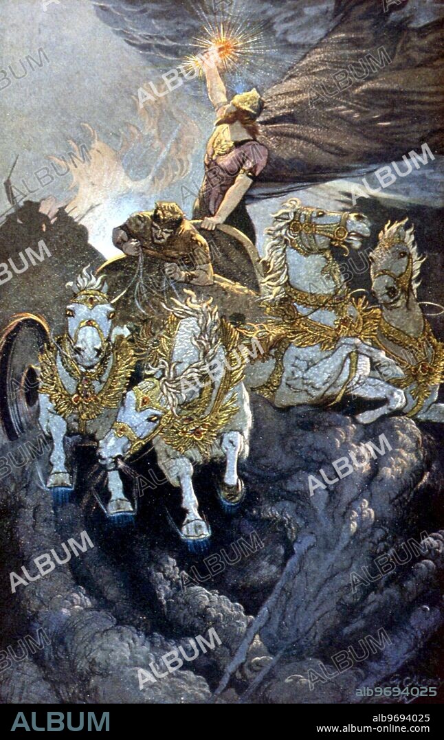 BABYLONIAN MYTHOLOGY. The avenger, Merodach, sets out in his chariot to attack Tiamat - one of the incidents in the Creation Legends. After the painting by E Wallcousins.