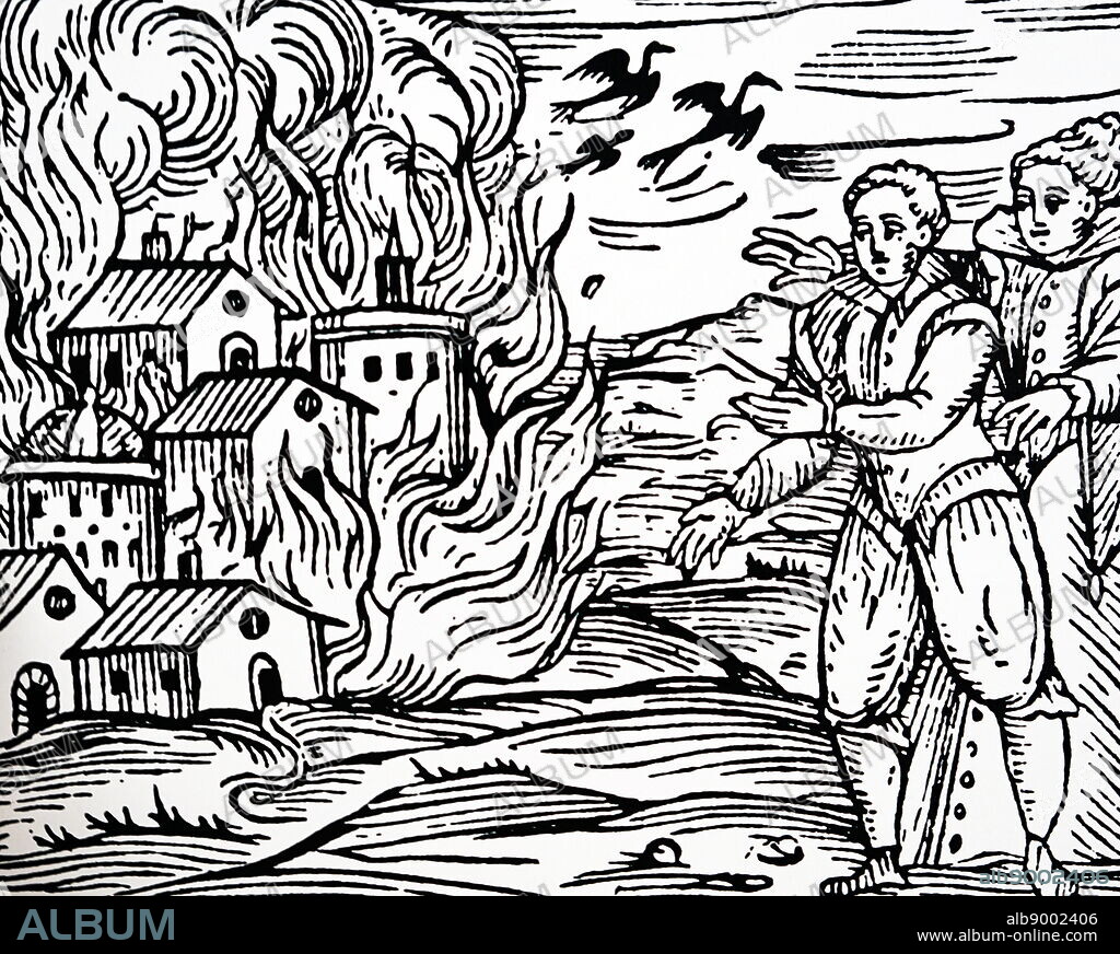 Woodcut print depicting witches setting houses ablaze after being scorned by villagers. Dated 14th Century.