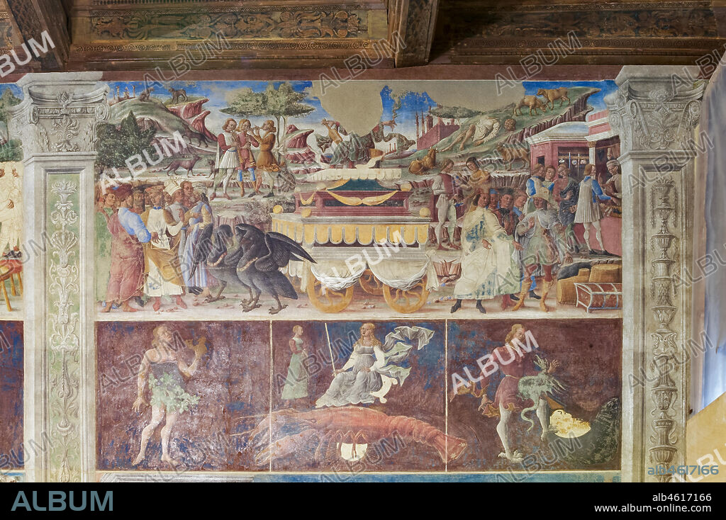 Ferrara: Palazzo Schifanoia, Hall of the Months, Northern Wall: "June" with the triumph of Mercury, the Zodiac sign of Cancer and the three Decans, on a project by Cosmé Tura e realised by painters of the Ferrara school, about 1468 - 1470.