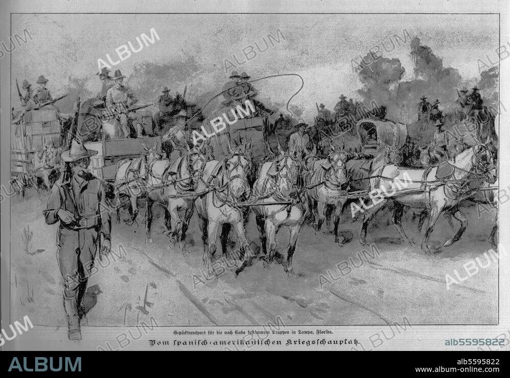 ANONYM. Spanisch-amerikanischer Krieg, 25.4.1898-12.8.1898: Auseinandersetzung zwischen den USA und Spanien um den Inselstaat Kuba, endet mit einer Niederlage Spaniens. (Formelle Unabhängigkeit Kubas, durch Friedensvertrag von Paris.). - "Gepäcktransport für die nach Cuba bestimmten Truppen in Tampa, Florida".- Zeichnung, zeitgenössisch, um 1898.