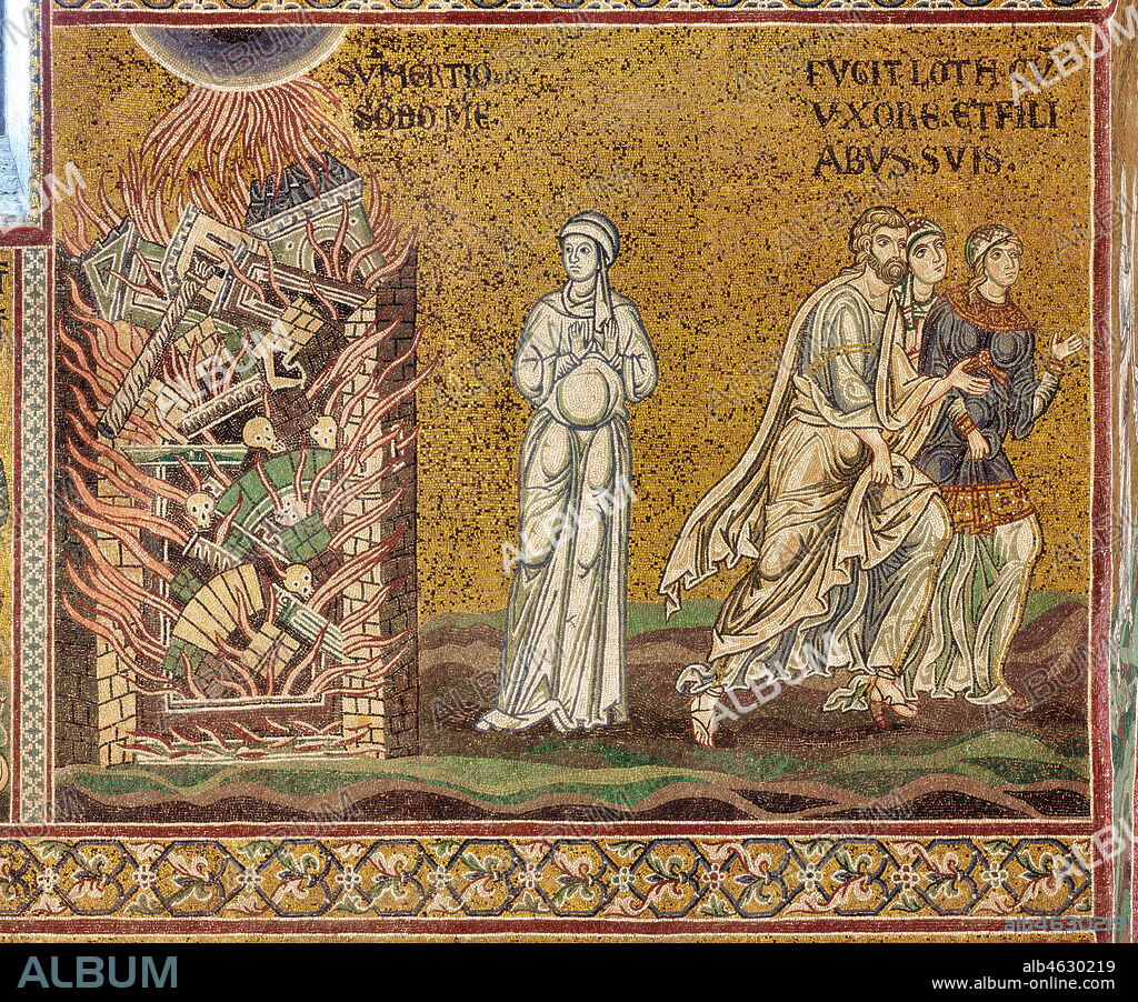 Monreale, Duomo: "Lot's wife, trasformed into a salt statue, observes the destruction of Sodom in flames, while Lot and his daughters flee", Byzantine mosaic, XII - XIII century, on the counter-façade.. Latin inscription: "SUBMERTIO SODOME - FUGIT LOTH CUM UXORE ET FILIABUS SUIS" .OMITÆ VALLAVERUNT DOMUM LOTH ".
