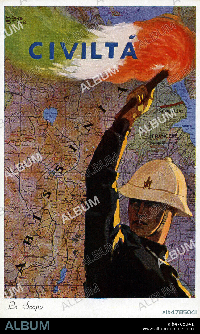 'Civilta' (Civilisation) . A propos de l'Italie engagee dans la seconde guerre d'Ethiopie. 2de Guerre Italo-ethiopienne ou campagne d'Abysinie: l'Italie fasciste de Mussolini, contre Haile Selassie du 3 octobre 1935 au 9 mai 1936. L'Italie tente de s'emparer de l'Ethiopie pour la 2eme fois. Illustration anonyme pour une carte postale italienne vers 1935. Credit : Collection IM/KHARBINE-TAPABOR.