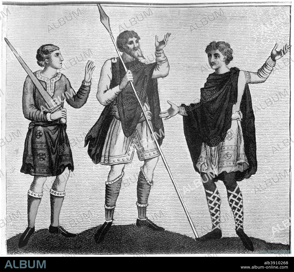 Saxon cross-gartering, (1910). From a medieval manuscript illustration, showing men wearing cross-garters - strips of leather or cloth of various colours bound round the leg so as to form a pattern. Illustration from British Costume during 19 Centuries by Mrs Charles H Ashdown, (London, 1910).